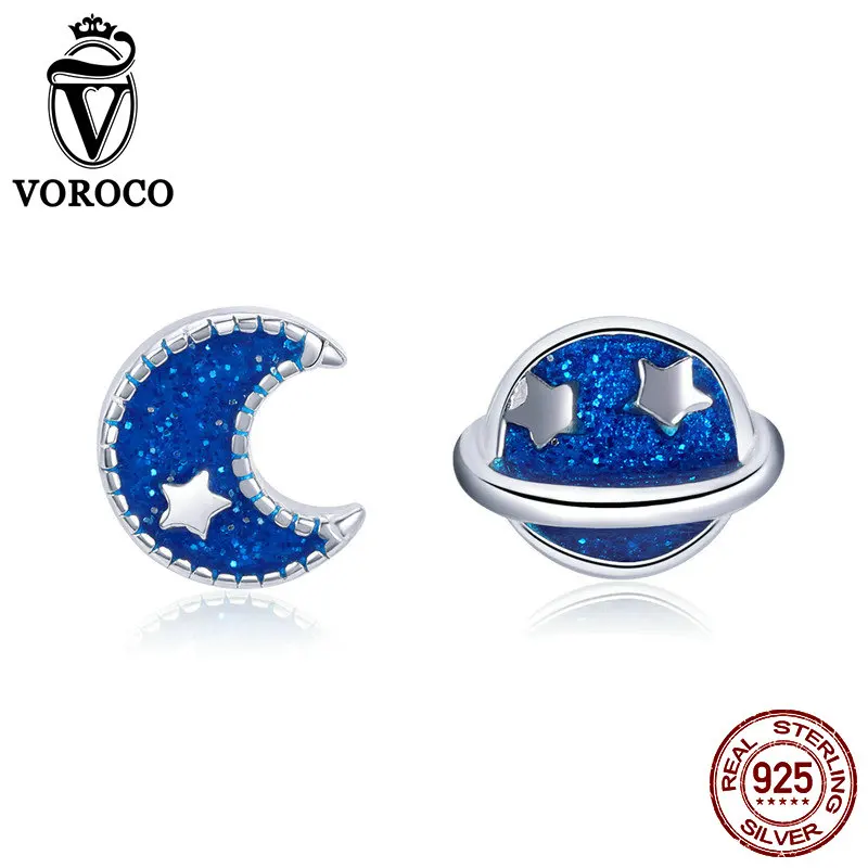 

VOROCO 100% 925 Sterling Silver Moon Star Stud Earring Blue Zircon Small Earrings For Women Wedding Engagement Jewelry VSE151