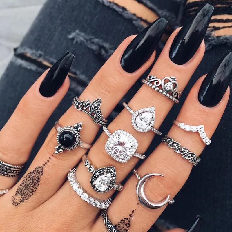 

pack of 10 personality creativity combination knuckle rings with crown and inlay rhinestone design in burnished in silver tone