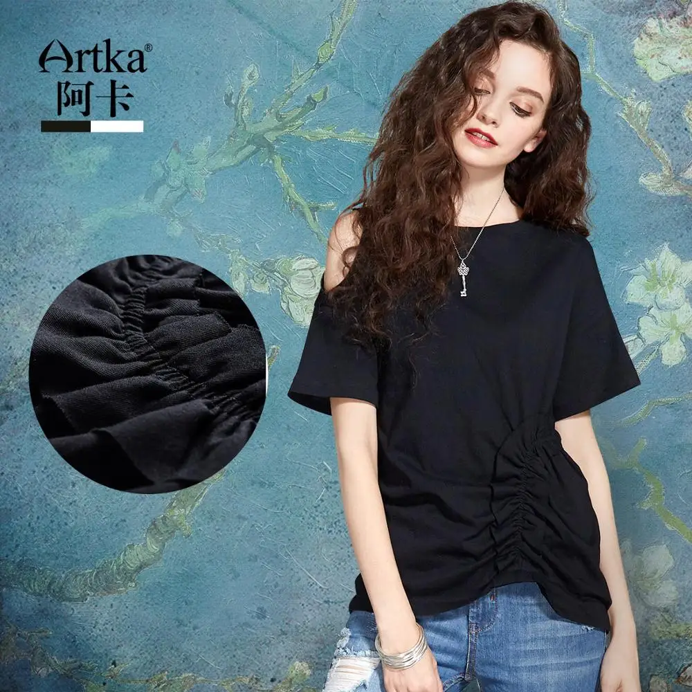 Женская футболка с коротким рукавом ARTKA черно-белая хлопковая Футболка круглым