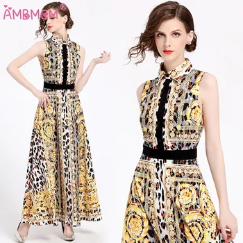 

New 2018 Fashion Runway Summer Maxi Dress Women's Tank Leopard Floral Print Holiday Party Bohemian Vintage Long Dress AMBMCM