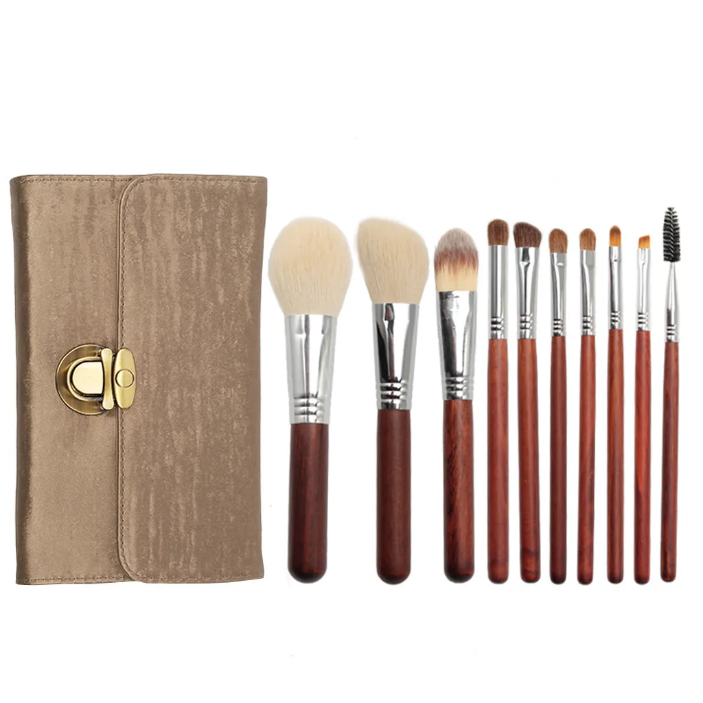 

10Pcs Goat Hair Makeup Brush Set Cosmetic Tool Powder Cheek Eyeshadow Eyeliner Brow+Rain Silk Fabric Brush Bag Gift