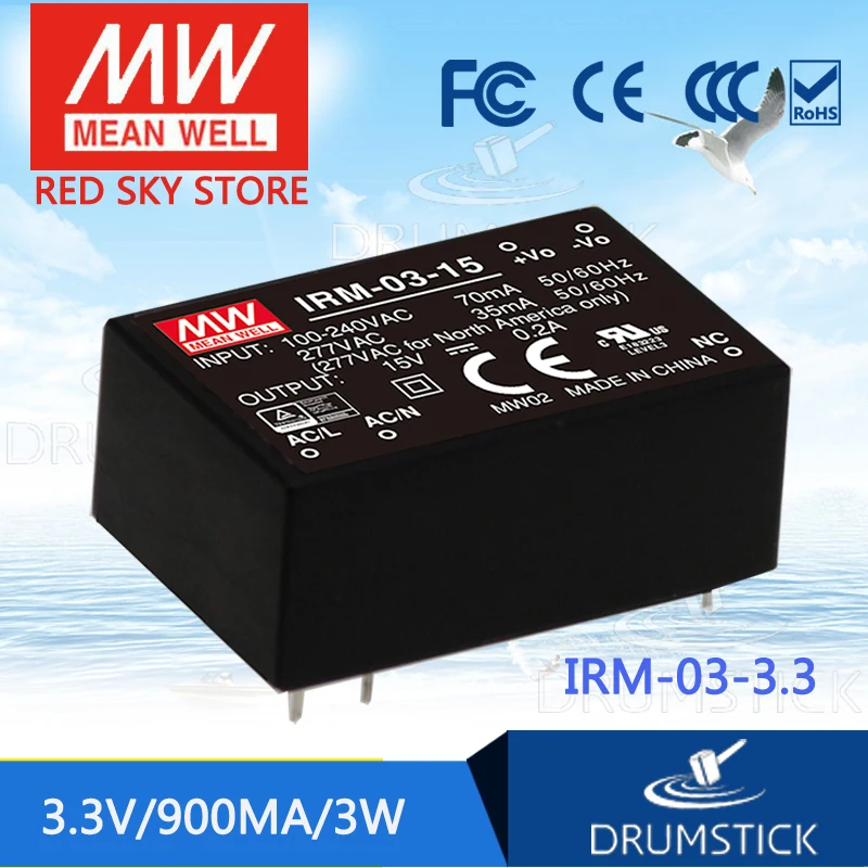 

MEAN WELL IRM-03-3.3 3.3V 900mA meanwell IRM-03 3.3V 3W PCB mounting style