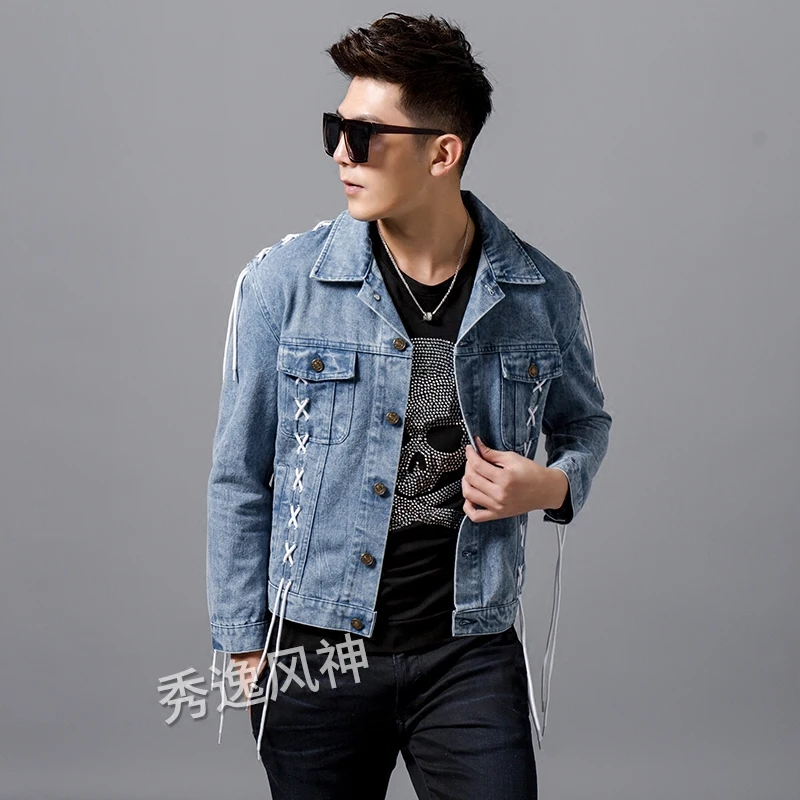 Nieuwe touw bandjes denim jacket mannen slim casual lange mouwen Koreaanse denim jas jonge tieners zangers stadium jurk kostuums! Nieuwe touw bandjes denim jacket mannen slim casual lange mouwen Koreaanse denim jas jonge tieners zangers stadium jurk kostuums!