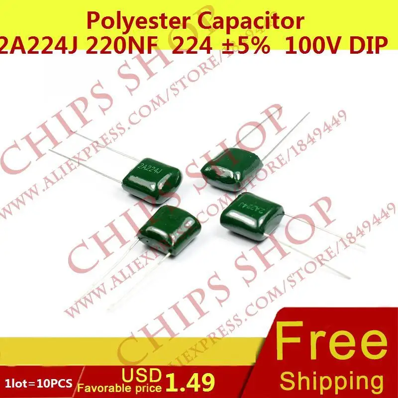 1LOT=10PCS Polyester Capacitor 2A224J 220nF 224 5% 7.5mm(1mm) 100V DIP ...