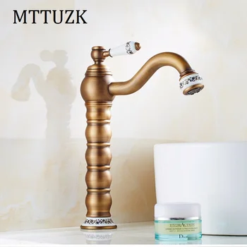

MTTUZK Golden Deck Mounted Long Neck Rotation Bathroom Sink Basin Faucet Antique Brass Single Handle mixer Taps Sink Faucet