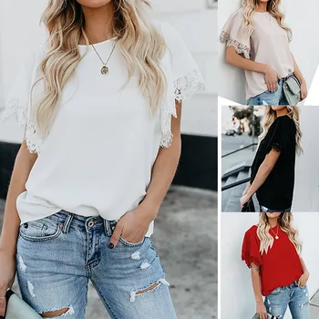 

Women's Solid O-Neck White Lace Shirt Hollow Out Short Sleeve Black Feminine Blouses Tops 2020 Sunner Fashion Red Female Shirts