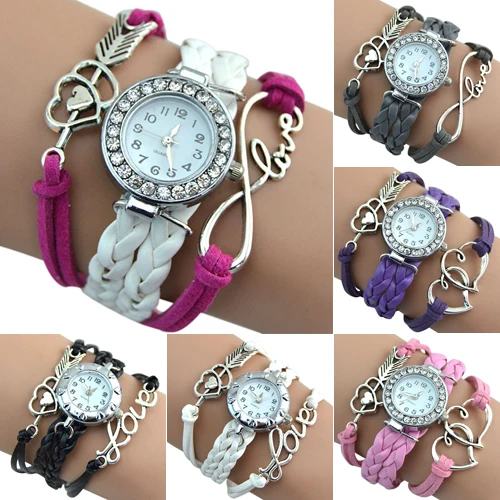 

Popular Girl's Infinity Love Heart Braided Quartz Faux Leather Bracelet Charm Watches NO181 5V92