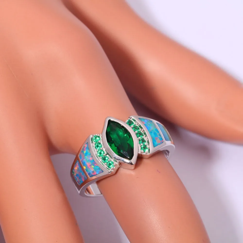 CiNily Created Rainbow Fire Opal Green Stone Silver Plated Wholesale Hot Sell Jewelry for Women Party Ring Size7 8 9 OJ6909