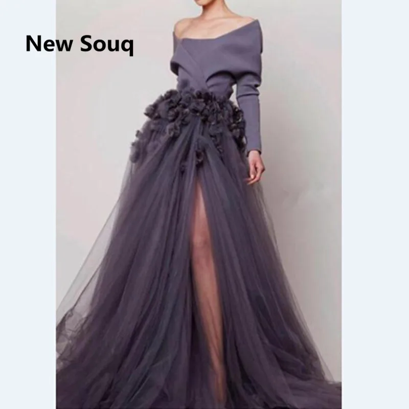 

Modest Dark Gray Long Sleeve Pageant Evening Gowns 2017 Off Shoulder Side Split Tulle Handmade Flowers Women Prom Gowns