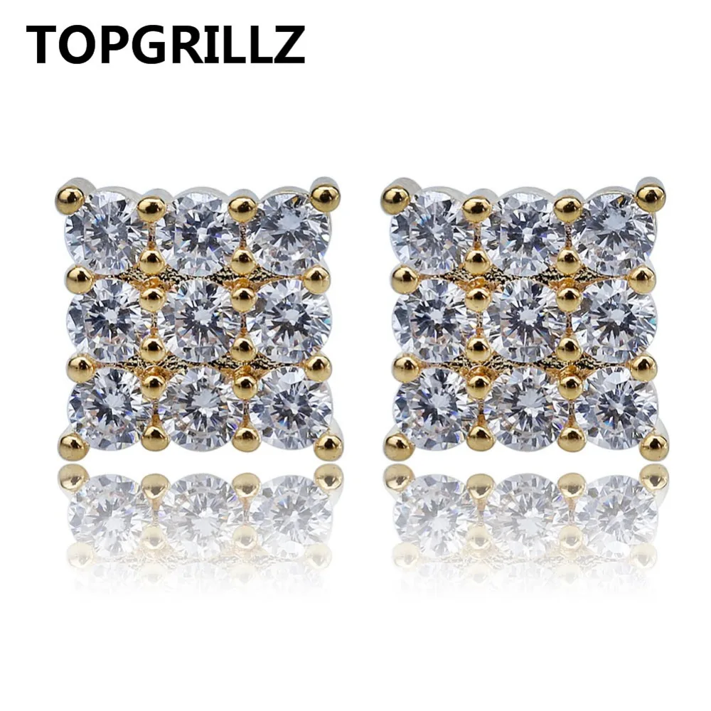 TOPGRILLZ хип-хоп 3-рядные кубические циркониевые квадратные мужские серьги-гвоздики