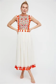 

2019 Bohemian Dress Sexy Tassel Print Embroidery Women Take A Holiday Sleeveless O Neck Casual Loose Party Dresses Wholesale