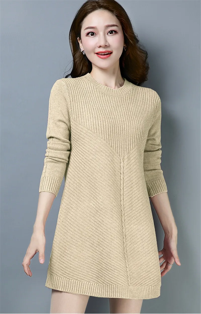 Осенне-зимние женские свитера средней длины, вязаный пуловер с круглым вырезом и длинными рукавами, топы, корейские свободные вязаные свитера, платье