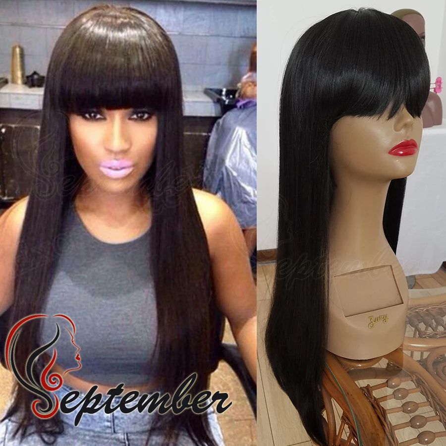 Long black synthetic lace wig with bangs no lace glueless synthetic lace front wig for black women no lace straight hair wigs