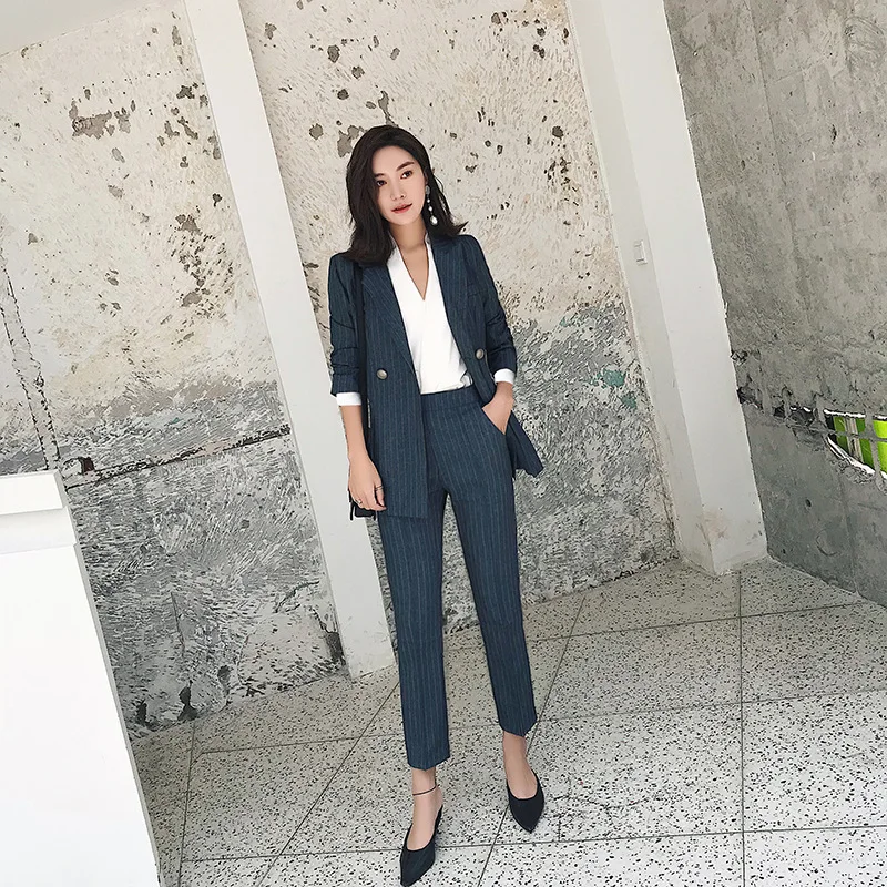Woman suits lady suit office Full Sleeve Slim Work Striped Blazer Set Women's pants suit women 2019 autumn new women's clothing