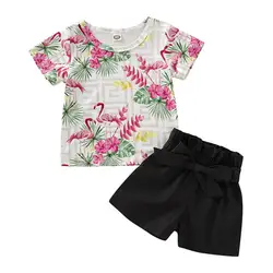 Летняя одежда для маленьких девочек, топы с короткими рукавами и принтом Фламинго + однотонные шорты, комплект из 2 предметов, пляжный костюм