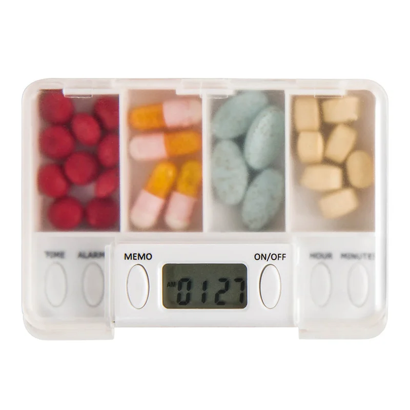 

4 Grid Intelligent Timer Reminder Pills Box Organizer Storage Pill Case TK-ing