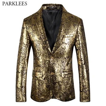 

Luxury Gold Rose Floral Bronzing Velvet Blazer Men Party Wedding Prom Blazer Jacket Men Plus Size 5XL Stage Singer Costume Homme