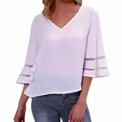 Kawaii блузка Для женщин 2018 уличная мода Повседневное Шифоновая блузка v-образным вырезом Flare рукавом Свободные Летние топы белого цвета плюс