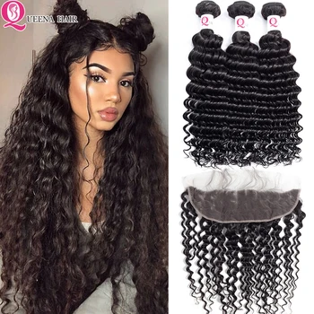 

TOP Cheap Malaysian Deep Wave Curly Hair Weave Bundles With Frontal Closure Remy Human Hair Preplucked Lace Frontal With Bundles