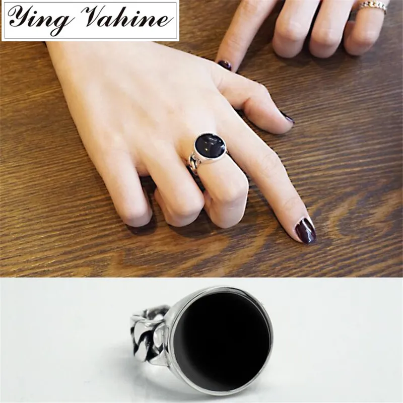

ying Vahine Handwork 925 Sterling Silver Big Black Stone & Wide Chain Open Rings for Women anillos plata 925 para mujer