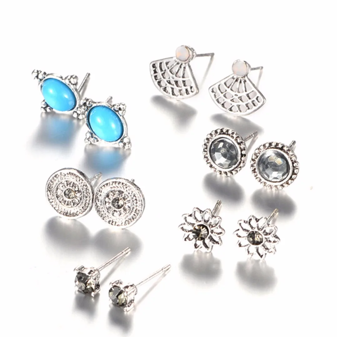 6pairs/ set Vintage Crystal Heart Earrings For Women Stone Beads Ear Cuff Piercing Ears Clips Steampunk Love Party Earring Sets