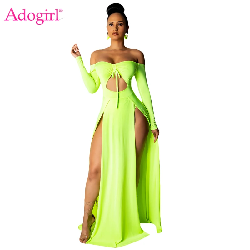 

Adogirl Solid Hollow Out High Slit Maxi Evening Party Dress Women Sexy Drawstring Off Shoulder Full Sleeve Long Club Dresses