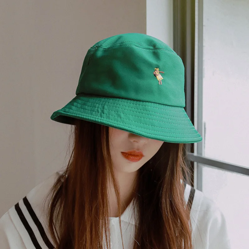 Cute Green Bucket Hat Women Hip Hop Caps Gorros Embroidery Women