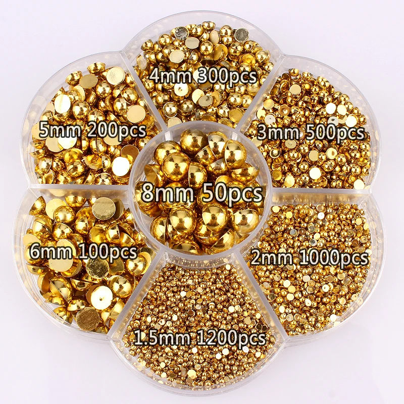 Günstige 7 größe 1,5 8mm 3350 teile schachtel ABS Kunststoff Halb Runde Gold Flatback DIY Handwerk Perlen Perlen Steinen und kristalle Schmuck Zubehör