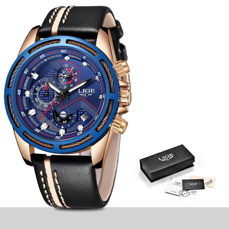 LIGE новые роскошные брендовые аналоговые кожаные спортивные часы мужские военные водонепроницаемые часы Мужские кварцевые часы с датой Relogio Masculino - Цвет: Rose Gold blue