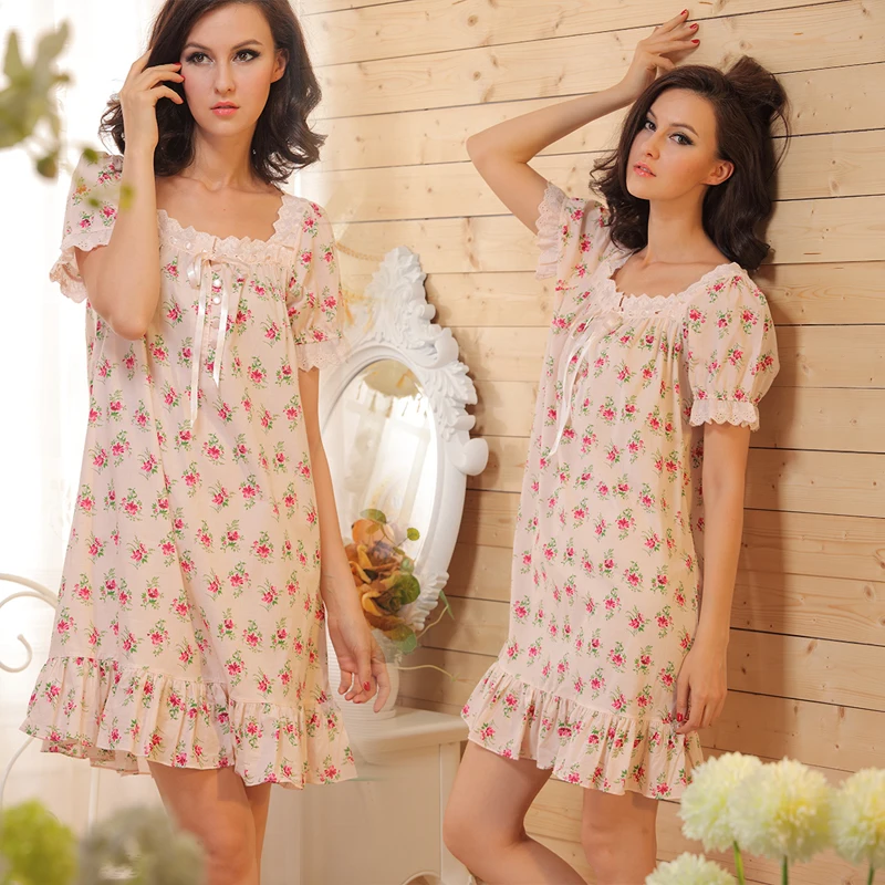 Short Sleeve Short Floral Nightgowns Womens Home Dress Summer Sleepwear Country Pastoral Style