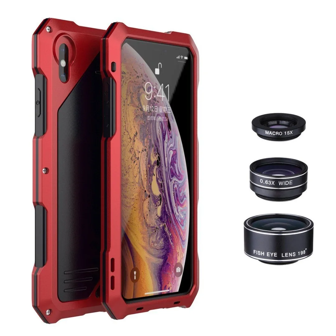 Phone Case For iPhone X XS Max XR Waterproof Shockproof Metal Case Cover+3 Camera Lens Capa For iphone 7 8 plus 6 6S plus Fundas