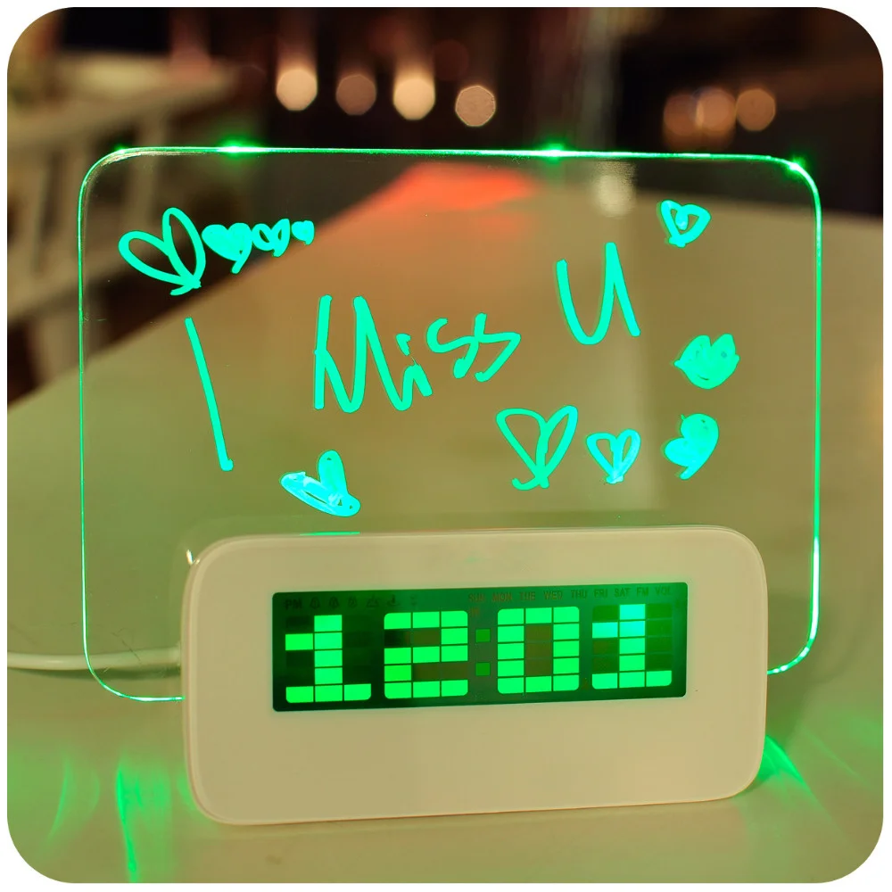 

MOSEKO Upgrade Alarm Clocks LED Fluorescent Message Board Digital Alarm Clock Calendar Night Light Green/Blue/Red Desk Clock