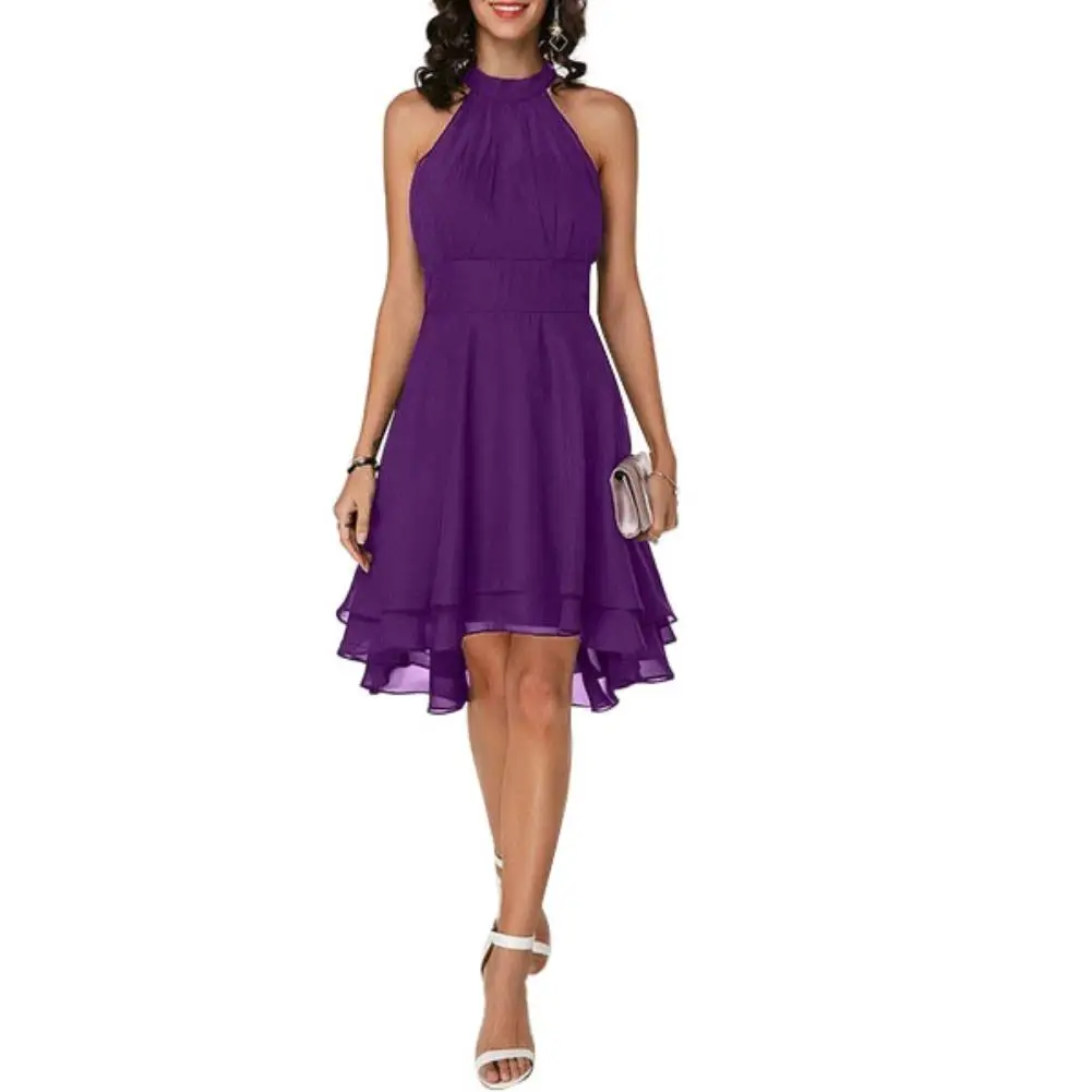 

Women's Elegant Solid Color Soft Halter Sleeveless Asymmetric Hem One Piece Dress