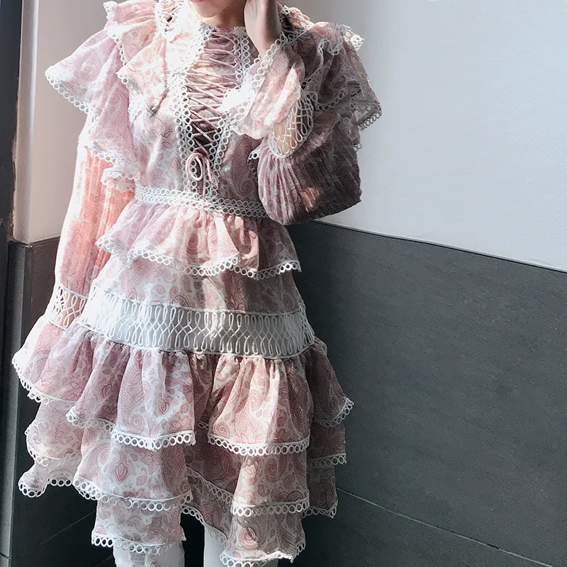 

High Quality 2019 Women Lace Up Patchwork Holiday Beach Women Layer Dress