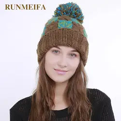 Runmeifa 2018 Новый Для женщин Kintted хлопок Шапки с помпоном зима теплый плед Кепки для женщин chapeau леди Шапка-бини Для женщин шапки