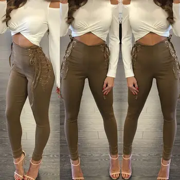 

Women High Waist Slim Skinny Leggings Stretchy Zipper pencil Pants Lace up party clubwear fitness Jeggings push up Trousers