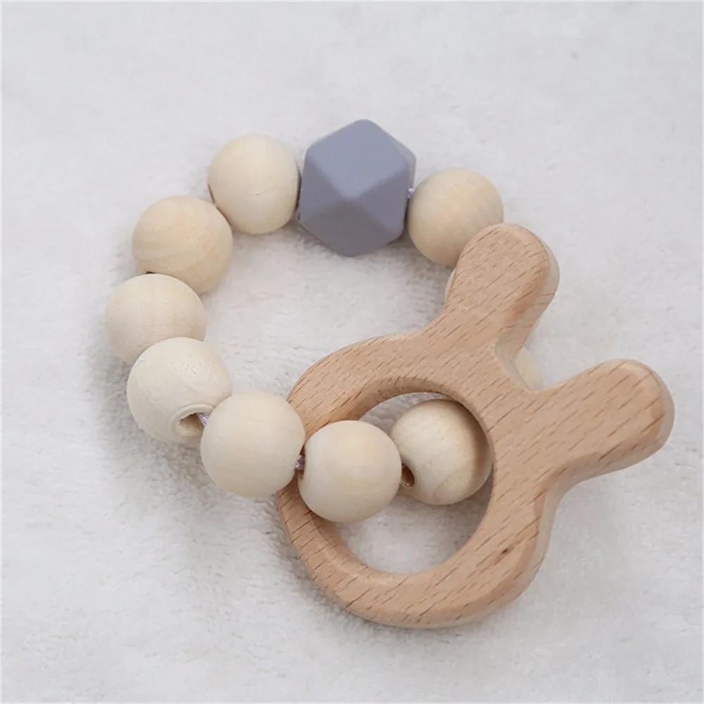 Mom Kids Wooden Baby Bracelet Silicone Beads Baby Rattle Stroller Toys Shaped Jewelry Teething For Baby Organic Wood