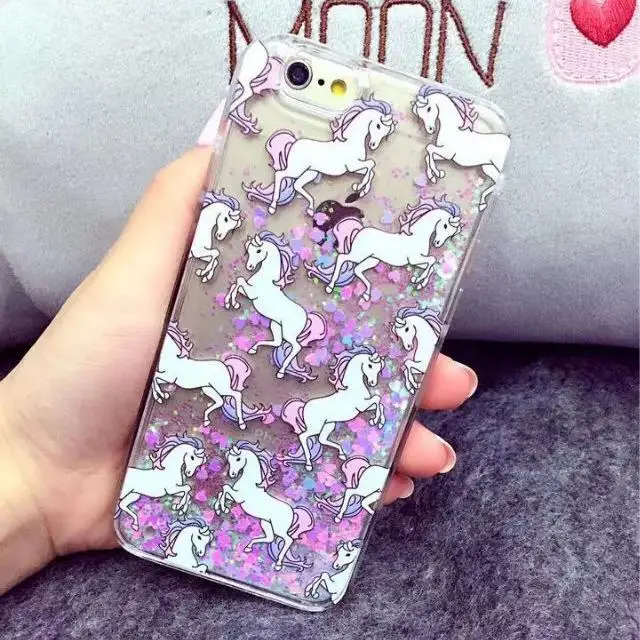 

Water Liquid case for iPhone X 8 7 7 Plus 6 6S Plus 5 5s SE 4 4S Cartoon Unicorn Horse Dynamic Paillette Glitter Stars Covers
