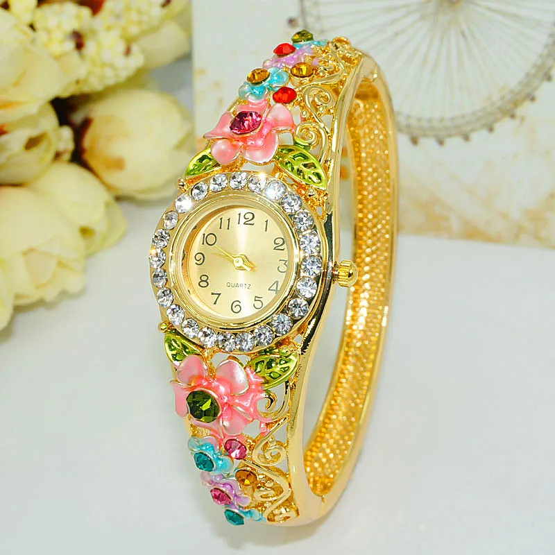 

Fashion Watches Women Vintage Female Bracelet Watch Handmade Painted Luxury Bracelet Flower Gemstone Wristwatch Casual Watch