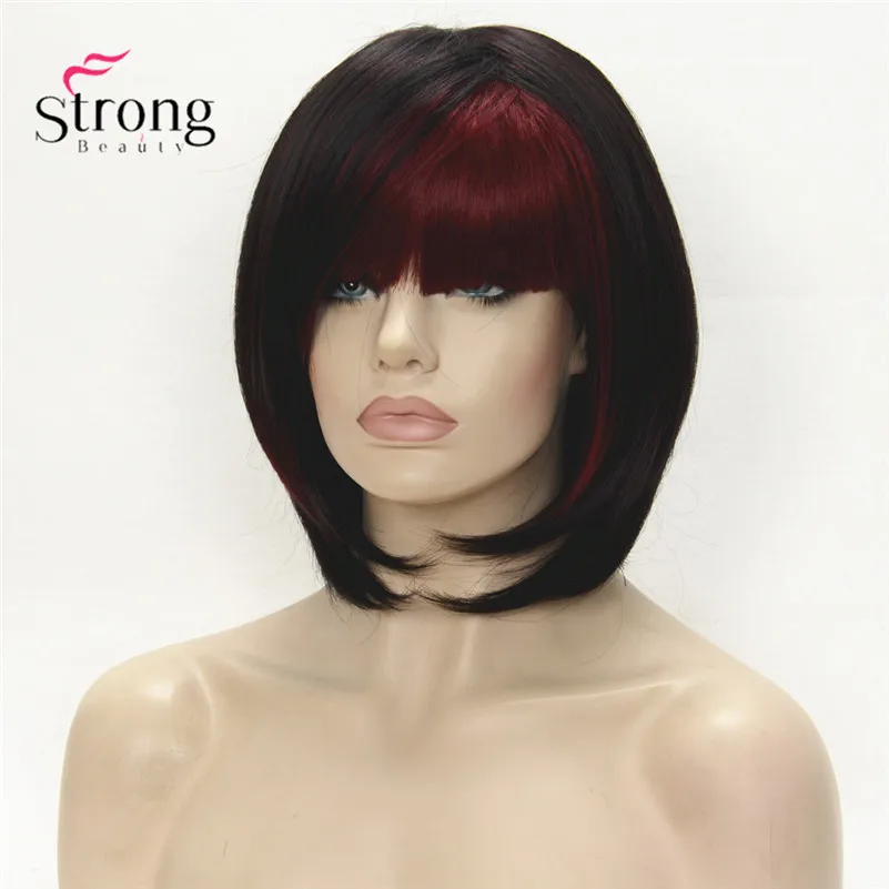 StrongBeauty короткий прямой Темно-красный выделенный Боб Стиль обметанная челка синтетический парик