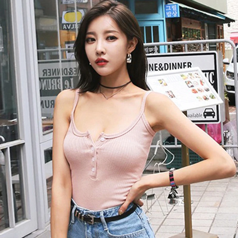 

High Quality Women Sleeveless Crop Top Vest Sexy Slim Camis Tops Strapless Camisole New Fashion Women Button Camis Tops