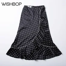 Летние шелковые Дамы черный/белый в горошек юбка с оборками-Для женщин стильные стиль Высокая талия Асимметричная юбка на распродажа