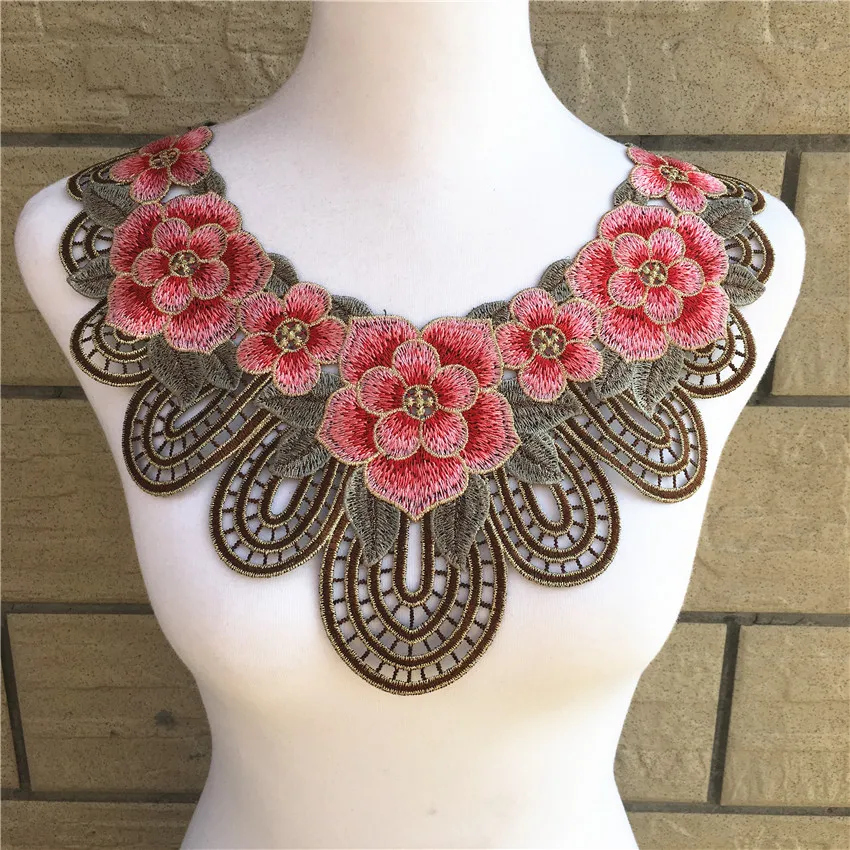 

New 1pc Elegant Embroidery Pink Flower Lace Neckline Collar Fabric, DIY Collar Lace fabrics for Sewing Supplies Crafts