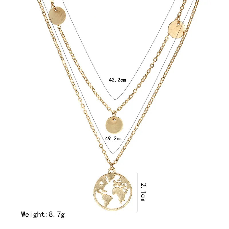 Модное круглое многослойное ожерелье с подвеской из пайеток для женщин, женские золотистые и Серебристые подвески, цветное чокер с картой мира, ювелирное изделие