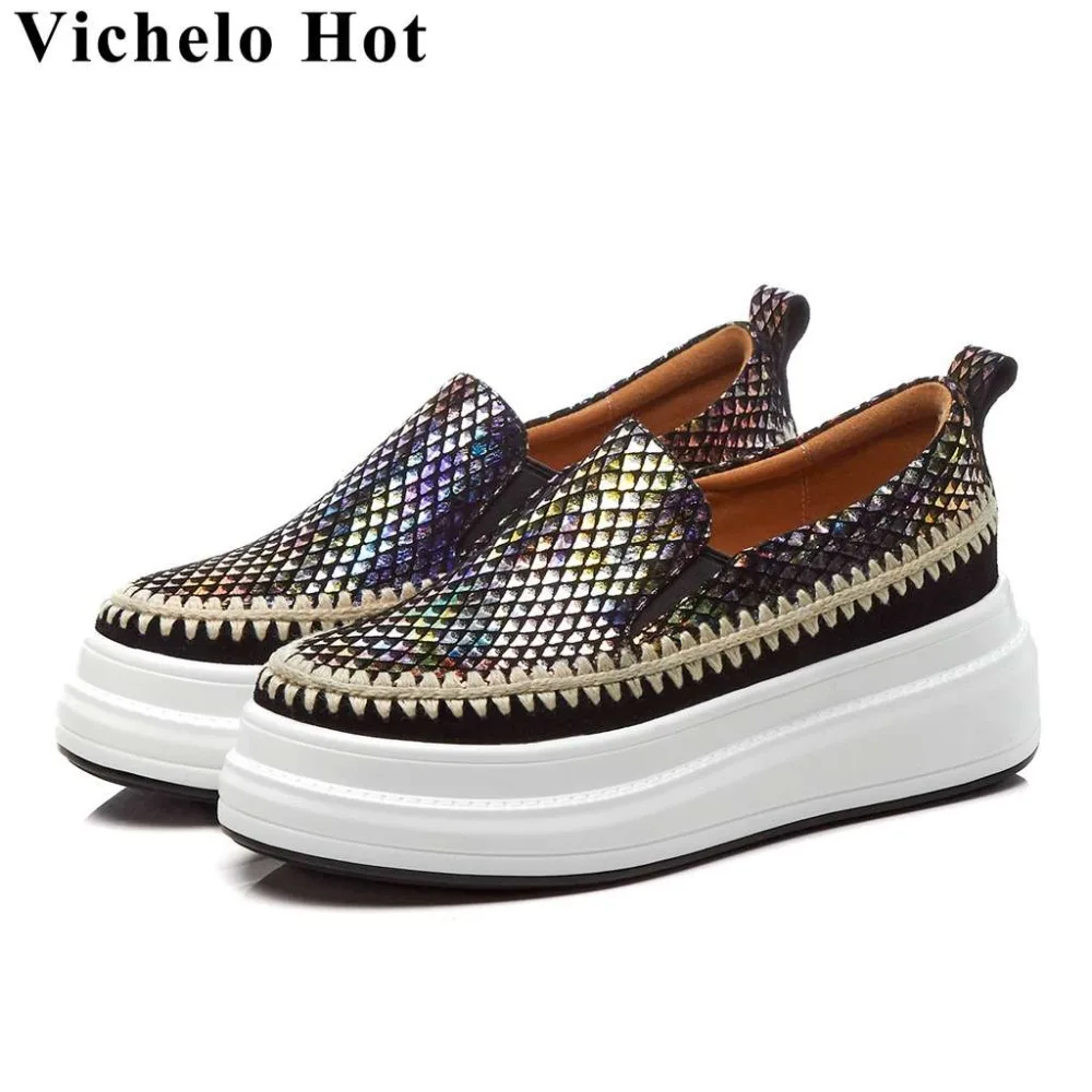 

Vichelo Hot mixed colors special sheep leather slip on round toe loafers preppy style high bottom dating vulcanized shoes L25