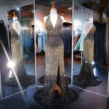 

Long Sparkly Prom Dress Stunning Heavy Gold Beaded Crystals High Slit Backless African Black Prom Dresses 2020