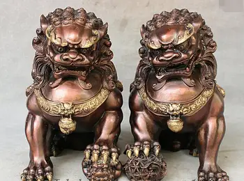 

11" China Red Bronze Copper Feng Shui Evil Royal Door Fu Foo Dog Lion Pair Statue