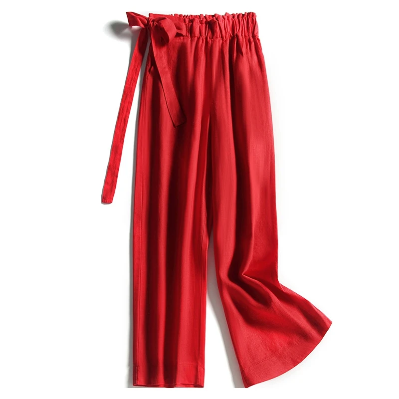 

Summer Korea Womens Elastic High Waisted Bow Wide Leg Loose Black Red Linen Pants , 2019 Spring Casual 3xl Trousers For Women