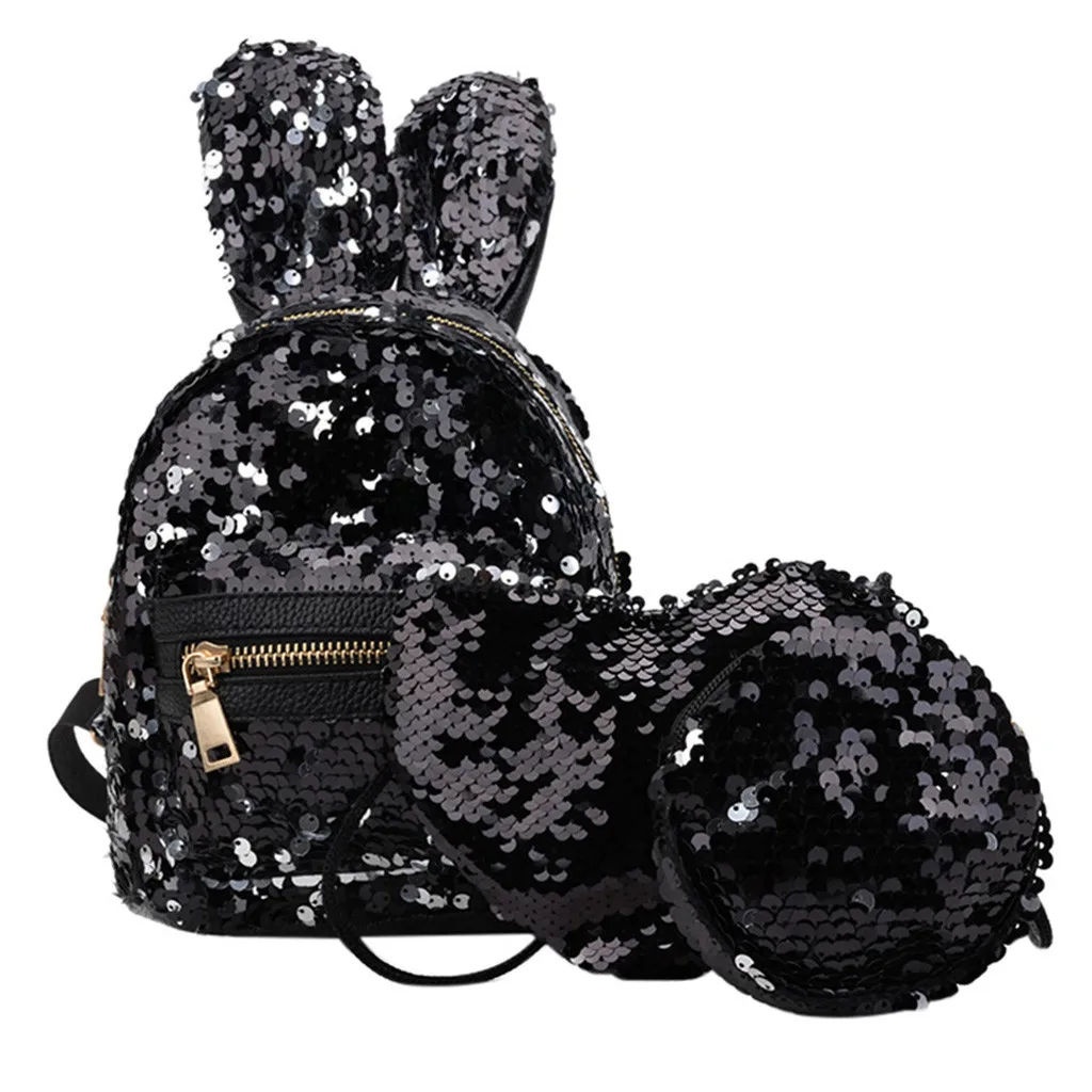 

OCARDIAN 3Pcs Women Sequins Backpack Cute Rabbit Ears Double Shoulder Bag Mini Backpacks Children Girls Sequined Travel Knapsack