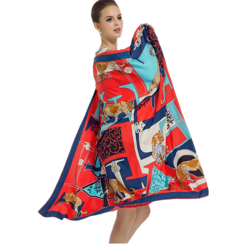Саржевый Шелковый женский шарф 130*130 см Европейский дизайн модный Леопардовый буквенный принт квадратные шарфы бренд высокое качество подарок Большие шали